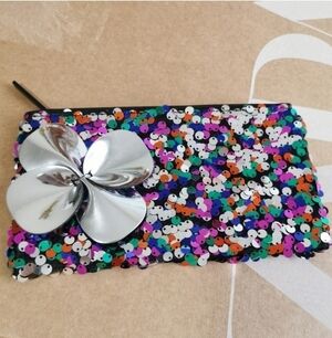 Multicolor MAC Sequin Floral Pouch Make Up Clutch 8.5"